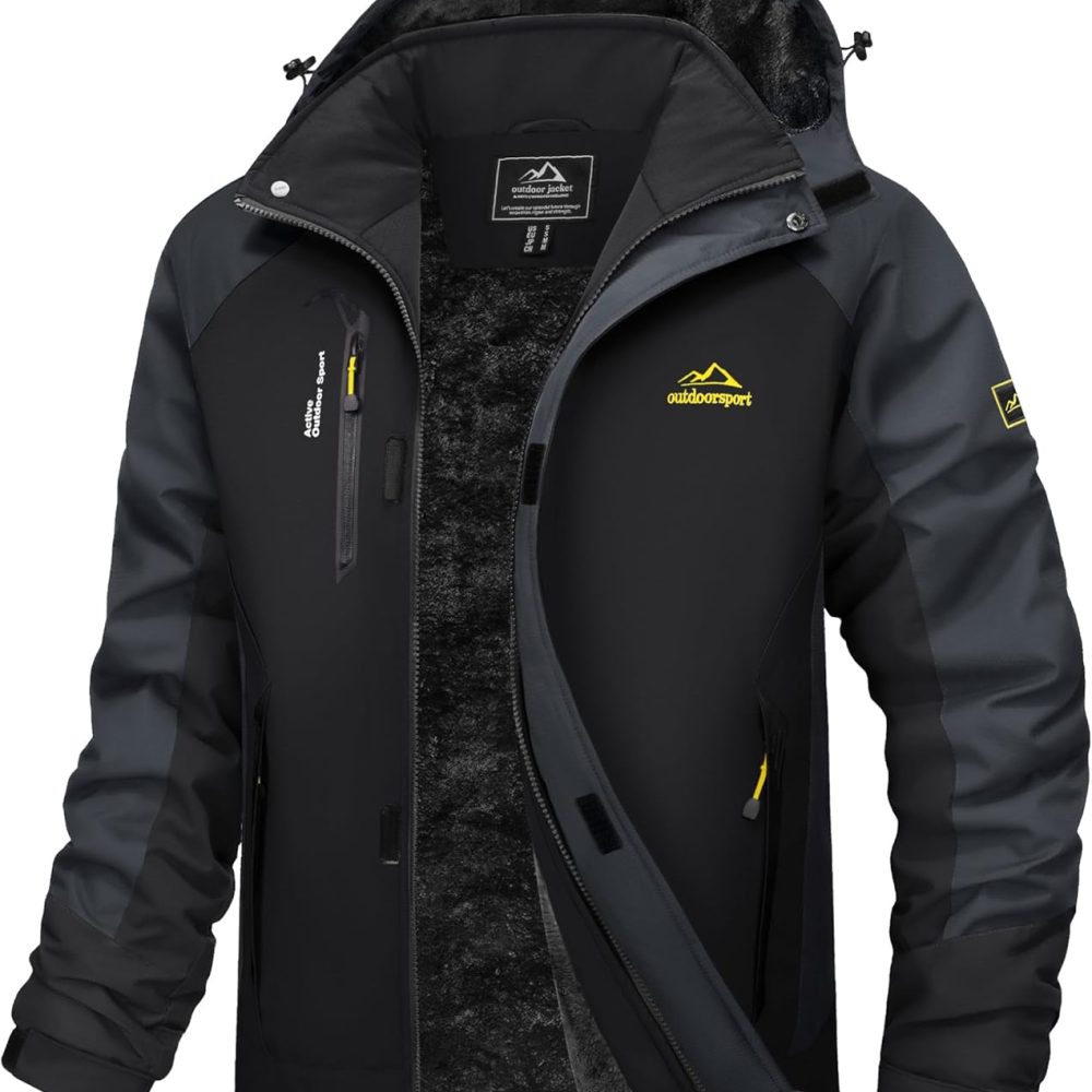 Men's Winter Jacket Water Resistant Ski Snow Coat Warm Fleece Parka Raincoats with Hood Multi-Pockets