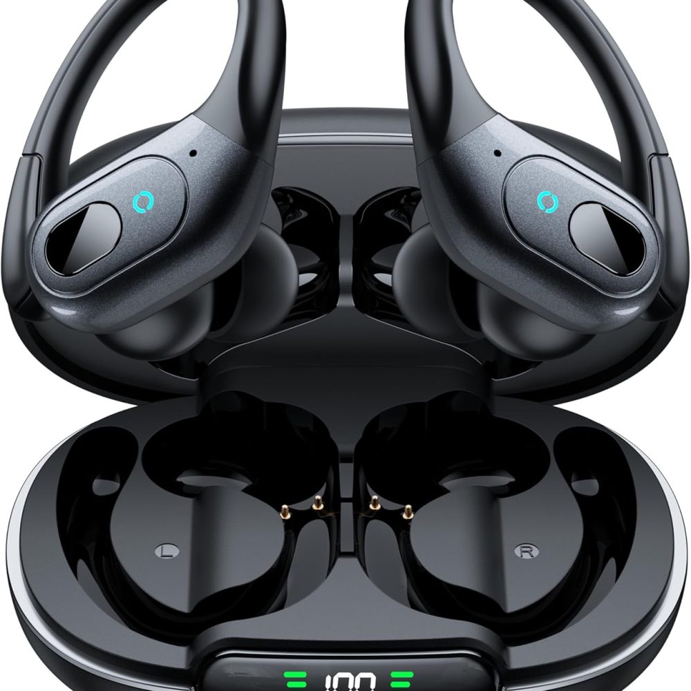occiam Active Noise Cancelling Ear Buds Bluetooth Headphones Wireless Earbuds 90Hrs Playback Stereo Bass Earphones with Over-Ear Hooks IPX7 Waterproof Earbud for Sports Running Gym Workout Black