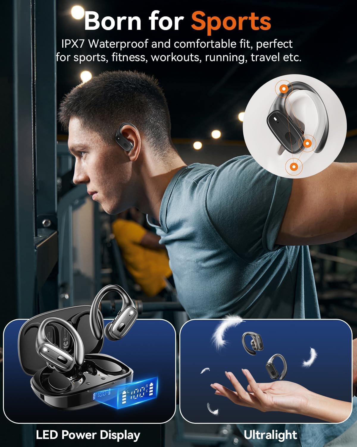 Wireless Earbuds, Sports Bluetooth 5.4 Headphones, Ear Buds with ENC Noise Canceling Mic, 80Hr Playtime Earphones, Palm-Sized, LED Power Display, IPX7 Waterproof Headset for Workout Running, Black - Image 2